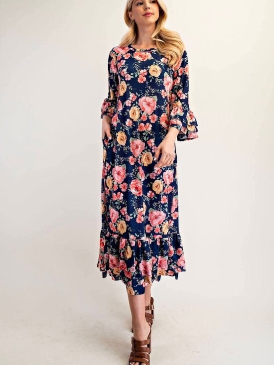 Celeste Dresses & Skirts - Celeste Navy Midi Dress with Pink & Yellow Floral Print